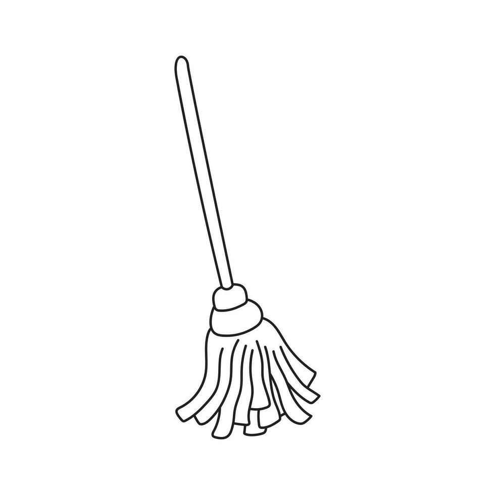 Line drawing of a mop with handle and fringe against white background.