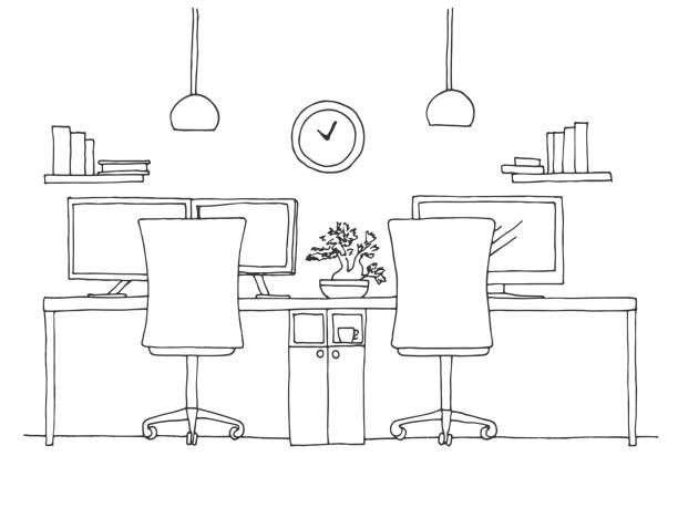 Line drawing of a modern office setup with two desks, computers, chairs, and hanging lamps.