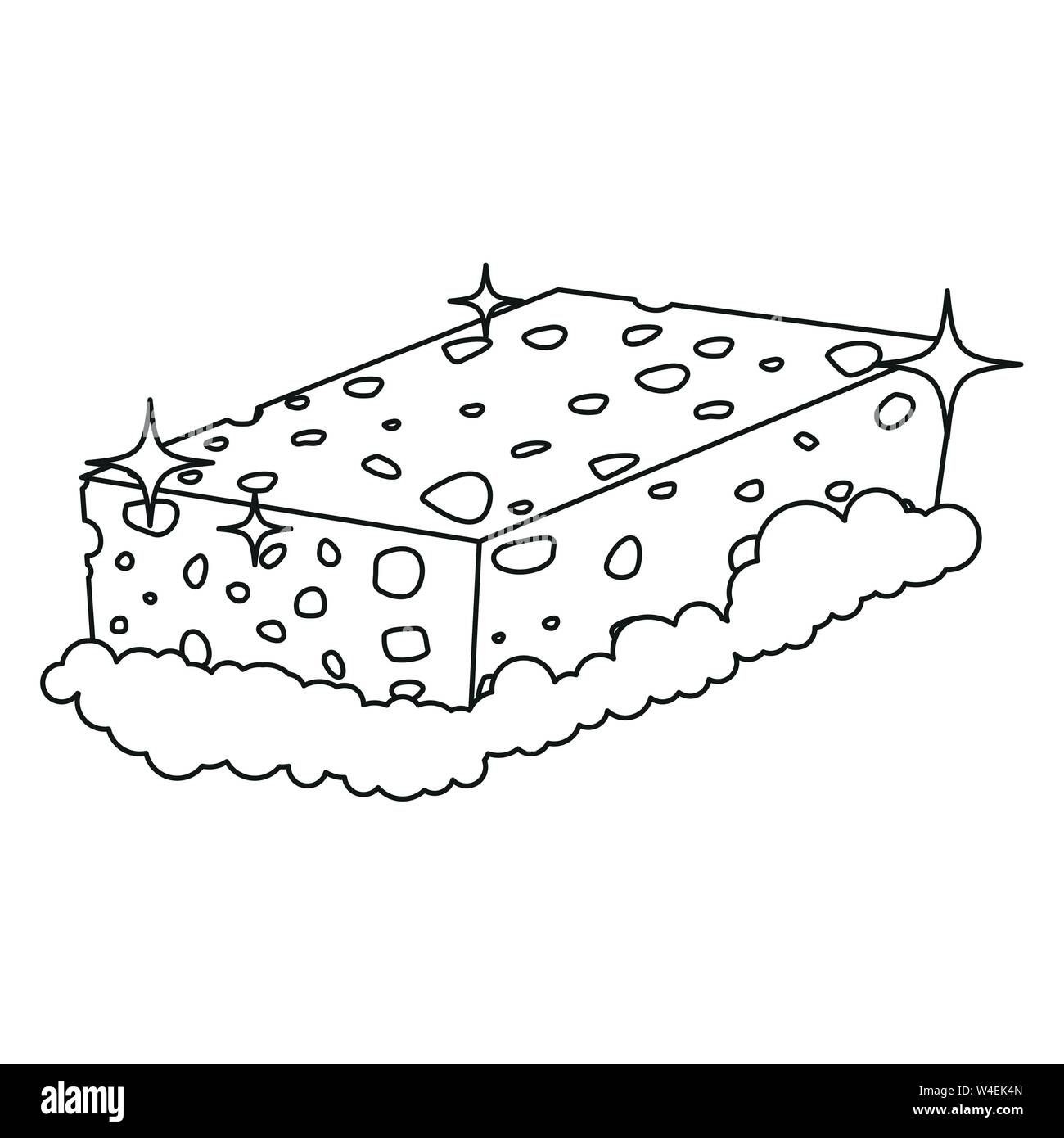 Cartoon illustration of a sponge with bubbles and sparkles, indicating cleanliness.